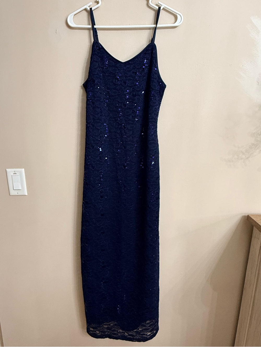 Women's Navy Blue Sequin Lace Midi Bodycon Dress – Size S